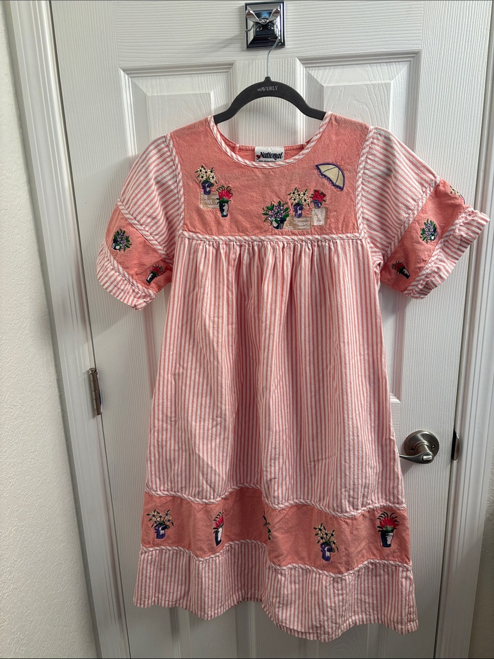 Women's House Dress National Pink Striped Embroidered Dress  Cottagecore Size S